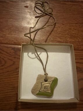 Handmade Ceramic Pendant Necklace in Beige and Olive Green